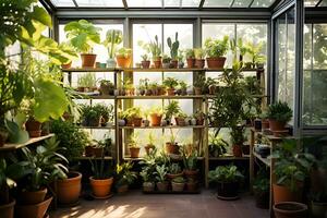 ai gegenereerd veel verschillend groen ingemaakt planten in keramisch potten in de serre. tuinieren en landschapsarchitectuur foto