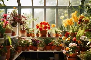 ai gegenereerd divers bloeiend planten in keramisch potten in met glas in kas tuinieren en groen foto