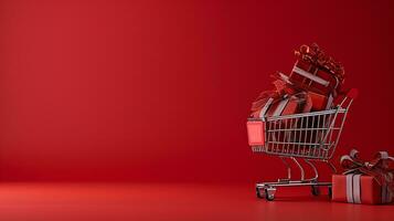 ai gegenereerd boodschappen doen trolley of kar resting Aan de oppervlak. supermarkt handkar voor boodschappen. concept banier voor aankopen. foto