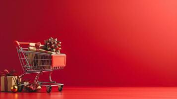 ai gegenereerd boodschappen doen trolley of kar resting Aan de oppervlak. supermarkt handkar voor boodschappen. concept banier voor aankopen. foto