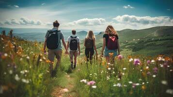 ai gegenereerd een groep van jong mensen wandelen samen beklimming een berg in zomer, wandelen door de gras en bloemen Aan een mooi heuvel, foto genomen van achter