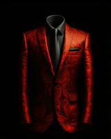ai gegenereerd luxe en elegant rood Mannen pak met abstract motief geïsoleerd Aan zwart achtergrond. generatief ai foto