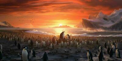 ai gegenereerd pinguïn kolonie Aan de strand met mooi zonsondergang visie. generatief ai foto