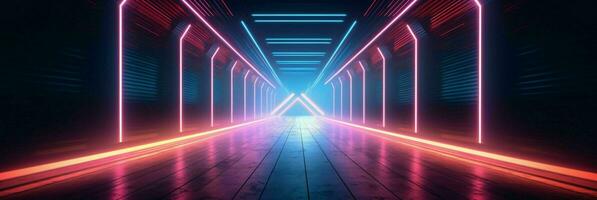 ai gegenereerd modern donker kamer met gloeiend neon lijnen met retro 80s stijl. futuristische interieur met laser effect. generatief ai foto