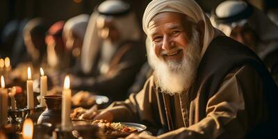 ai gegenereerd een groep van ouderen moslim familie en vrienden bijeenkomst gedurende Ramadan met heerlijk gerechten Aan de tafel. iftar diner. generatief ai foto