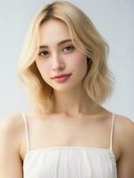 ai gegenereerd dichtbij omhoog van mooi Japans vrouw in vrouwelijk jurk met blond haar, geïsoleerd wit achtergrond, ai generatief foto