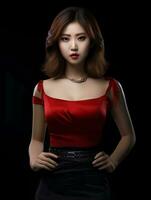 ai gegenereerd mooi Koreaans meisje met bob haar, vervelend een mager jurk, rood lippen, afgezwakt maag, generatief ai foto