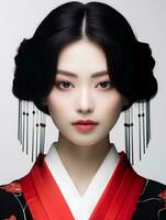 ai gegenereerd portret van mooi Japans vrouw Aan geïsoleerd wit achtergrond foto