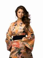 ai gegenereerd portret van een jong Japans vrouw model- vervelend een kimono poseren sierlijk, geïsoleerd wit achtergrond, ai generatief foto