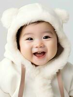 ai gegenereerd portret van schattig schuin ogen Japans baby jongen model, met glimlachen en lachend uitdrukking, 2 maand oud baby, studio foto, geïsoleerd wit achtergrond, voor reclame en web ontwerp foto
