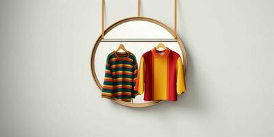 ai gegenereerd modieus kleren Aan hangers in een minimalistische interieur. mode tonen kamer interieur. generatief ai foto