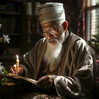 ai gegenereerd een ouderen moslim Mens leest de al koran door kaarslicht. generatief ai foto