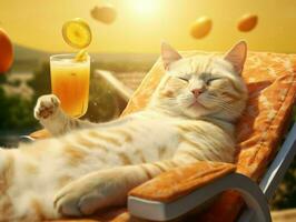 ai gegenereerd oranje kat chillen en aan het liegen Aan een zon ligstoel genieten van oranje sap met zonneschijn. generatief ai foto