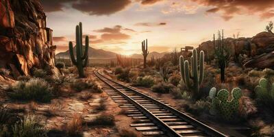 ai gegenereerd roestig spoorweg bijhouden Aan western woestijn. verlaten trein spoor. generatief ai foto