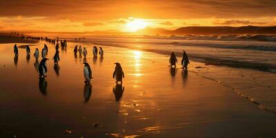 ai gegenereerd pinguïn kolonie Aan de strand met mooi zonsondergang visie. generatief ai foto