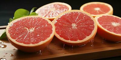 ai gegenereerd gesneden vers grapefruits met water druppels. pomelo vruchten. generatief ai foto