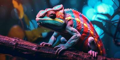 ai gegenereerd kleurrijk kameleon neergestreken Aan een boom Afdeling met levendig neon licht effect. digitaal kunst. generatief ai foto