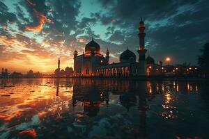 ai gegenereerd een prachtig moskee met een mooi lucht visie Bij zonsondergang. generatief ai foto