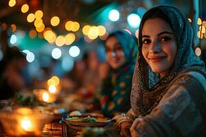 ai gegenereerd Arabisch moslim Dames verzamelen samen gedurende Ramadan met heerlijk gerechten Aan de tafel. iftar diner. generatief ai foto