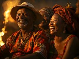 ai gegenereerd romantisch ouderen Afrikaanse paar omarmen elk andere met zonsondergang visie. generatief ai foto