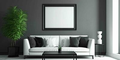 ai gegenereerd modern en minimalistische leven kamer interieur ontwerp met blanco wit afbeelding kader model. generatief ai foto