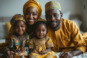 ai gegenereerd portret van een gelukkig Afrikaanse moslim familie in traditioneel kleren. generatief ai foto