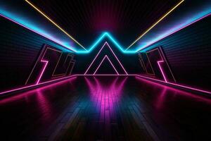 ai gegenereerd modern donker kamer met gloeiend neon lijnen met retro 80s stijl. futuristische interieur met laser effect. generatief ai foto