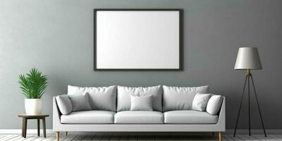 ai gegenereerd modern en minimalistische leven kamer interieur ontwerp met blanco wit afbeelding kader model. generatief ai foto