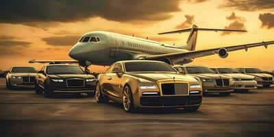 ai gegenereerd luxe auto en privaat Jet Bij de luchthaven. bedrijf klasse onderhoud Bij de luchthaven. generatief ai foto