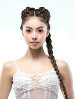 ai gegenereerd portret van mooi Japans vrouw met gevlochten haar- vervelend ballet jurk, geïsoleerd wit achtergrond, ai generatief foto