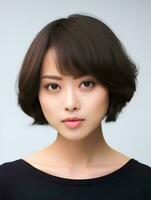 ai gegenereerd portret van mooi Japans vrouw met kort bob kapsel, geïsoleerd wit achtergrond, ai generatief foto