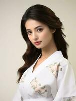 ai gegenereerd portret van een jong Japans vrouw model- vervelend een kimono poseren sierlijk, geïsoleerd wit achtergrond, ai generatief foto