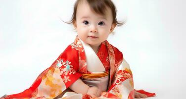 ai gegenereerd portret van Japans baby meisje model- vervelend schattig kimono, 8 maand oud baby, studio foto, geïsoleerd wit achtergrond, voor reclame en web ontwerp foto