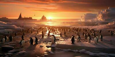 ai gegenereerd pinguïn kolonie Aan de strand met mooi zonsondergang visie. generatief ai foto