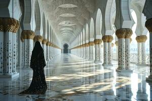 ai gegenereerd muslimah met Niqab wandelingen in de luxueus interieur van een moskee. moslim Dames Bij moskee. generatief ai foto