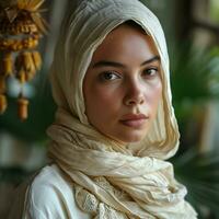 ai gegenereerd portret van een mooi en exotisch jong moslim vrouw met wit hijaab. generatief ai foto