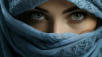ai gegenereerd detailopname foto van een mooi Arabisch vrouw in hijab met verbijsterend ogen. generatief ai