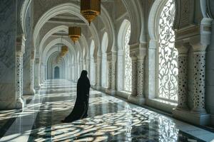 ai gegenereerd muslimah met Niqab wandelingen in de luxueus interieur van een moskee. moslim Dames Bij moskee. generatief ai foto