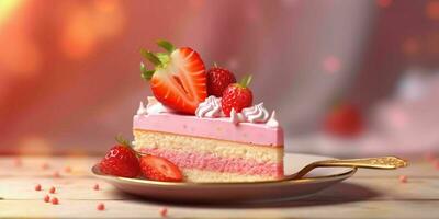 ai gegenereerd een plak van zoet roze taart met aardbeien en room Aan top. generatief ai foto