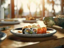 ai gegenereerd heerlijk sushi broodjes geserveerd Aan een bord. generatief ai foto