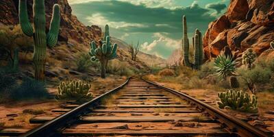 ai gegenereerd roestig spoorweg bijhouden Aan western woestijn. verlaten trein spoor. generatief ai foto