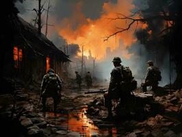 ai gegenereerd silhouetten van soldaten in een geruïneerd stad draaide zich om in een oorlog zone. oorlog in de stad. generatief ai foto
