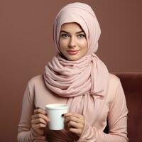 ai gegenereerd mooi moslim vrouw in roze hijab Holding een kop van koffie. generatief ai foto