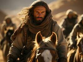 ai gegenereerd midden- oostelijk Mens rijden een paard in de woestijn. Arabisch Mens rijden paard. generatief ai foto