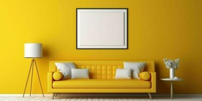 ai gegenereerd minimalistische geel leven kamer interieur ontwerp met blanco wit afbeelding kader model. generatief ai foto