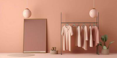 ai gegenereerd modieus kleren Aan hangers in een minimalistische interieur. mode tonen kamer interieur. generatief ai foto