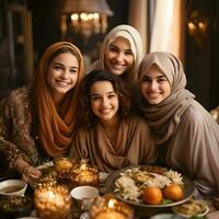 ai gegenereerd moslim familie en vrienden bijeenkomst gedurende Ramadan met heerlijk gerechten Aan de tafel. iftar diner. generatief ai foto