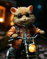 ai gegenereerd schattig weinig hamster rijden een motorfiets. generatief ai foto