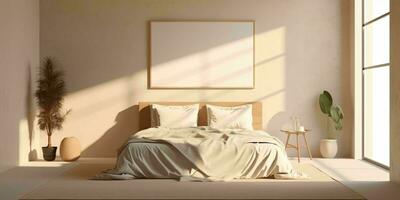 ai gegenereerd minimalistische beige bed kamer interieur ontwerp met blanco wit afbeelding kader model. generatief ai foto