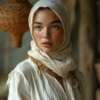 ai gegenereerd portret van een mooi en exotisch jong moslim vrouw met wit hijaab. generatief ai foto